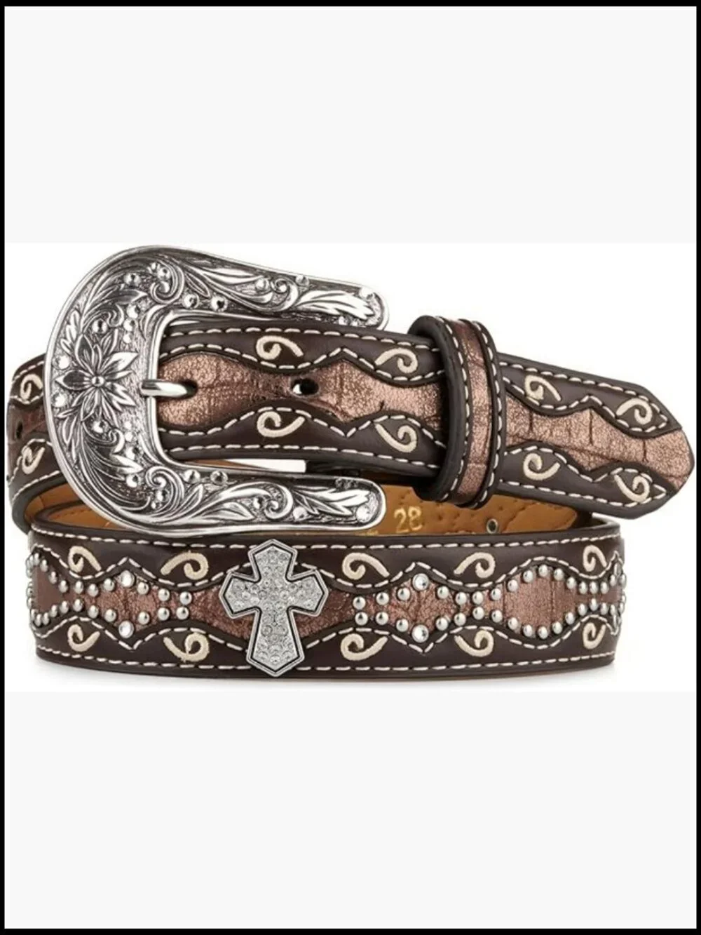Scalloped Croc Print Belt with Rhinestone Conchos
